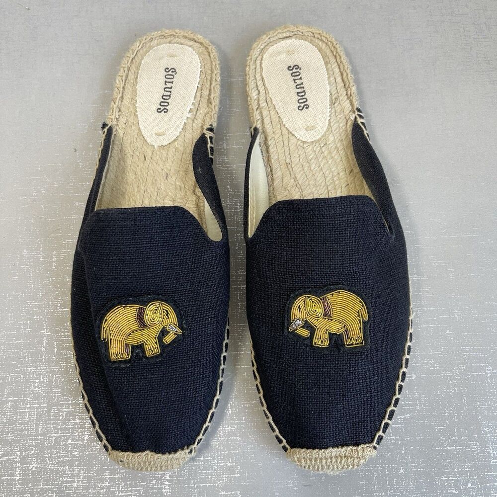 Soludos Black Canvas Espadrille Gold Elephant Beaded Mules Flats Shoes US 11